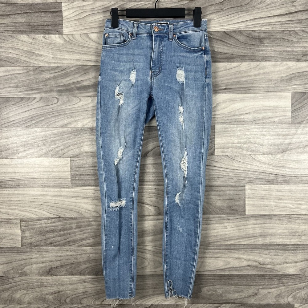 Soundgirl Jeans Womens 3 Blue Light Wash Distressed Skinny Y2K Raw‎ Hem Mid Rise
